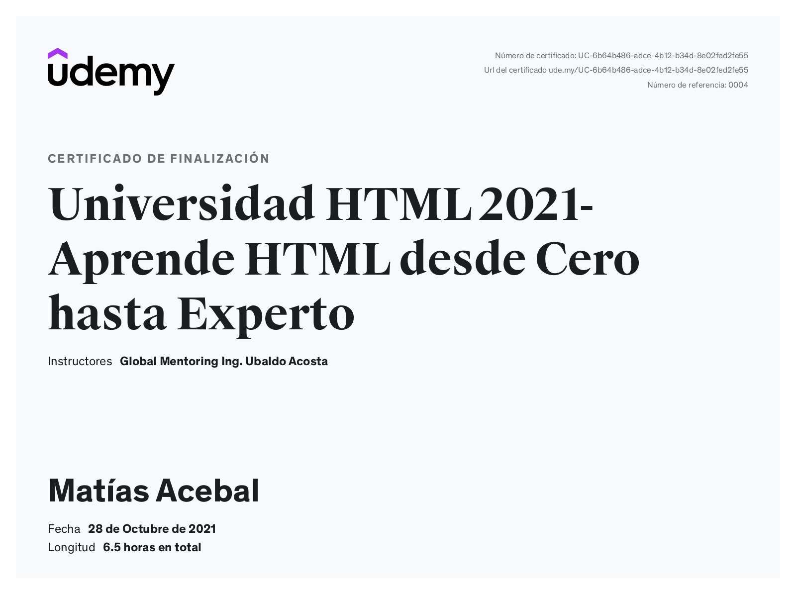 Certificado de Curso de HTML - Udemy